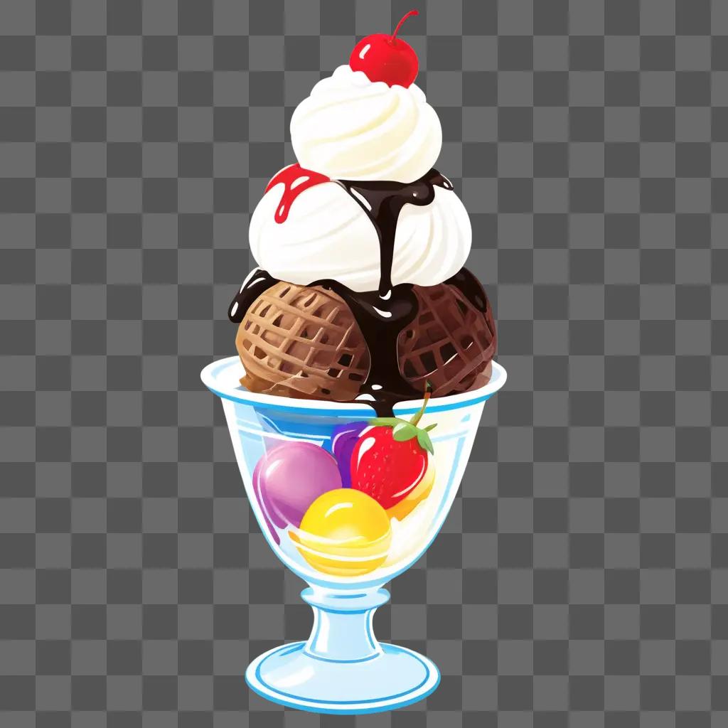 colorful ice cream sundae with whipped cream and cherry on top