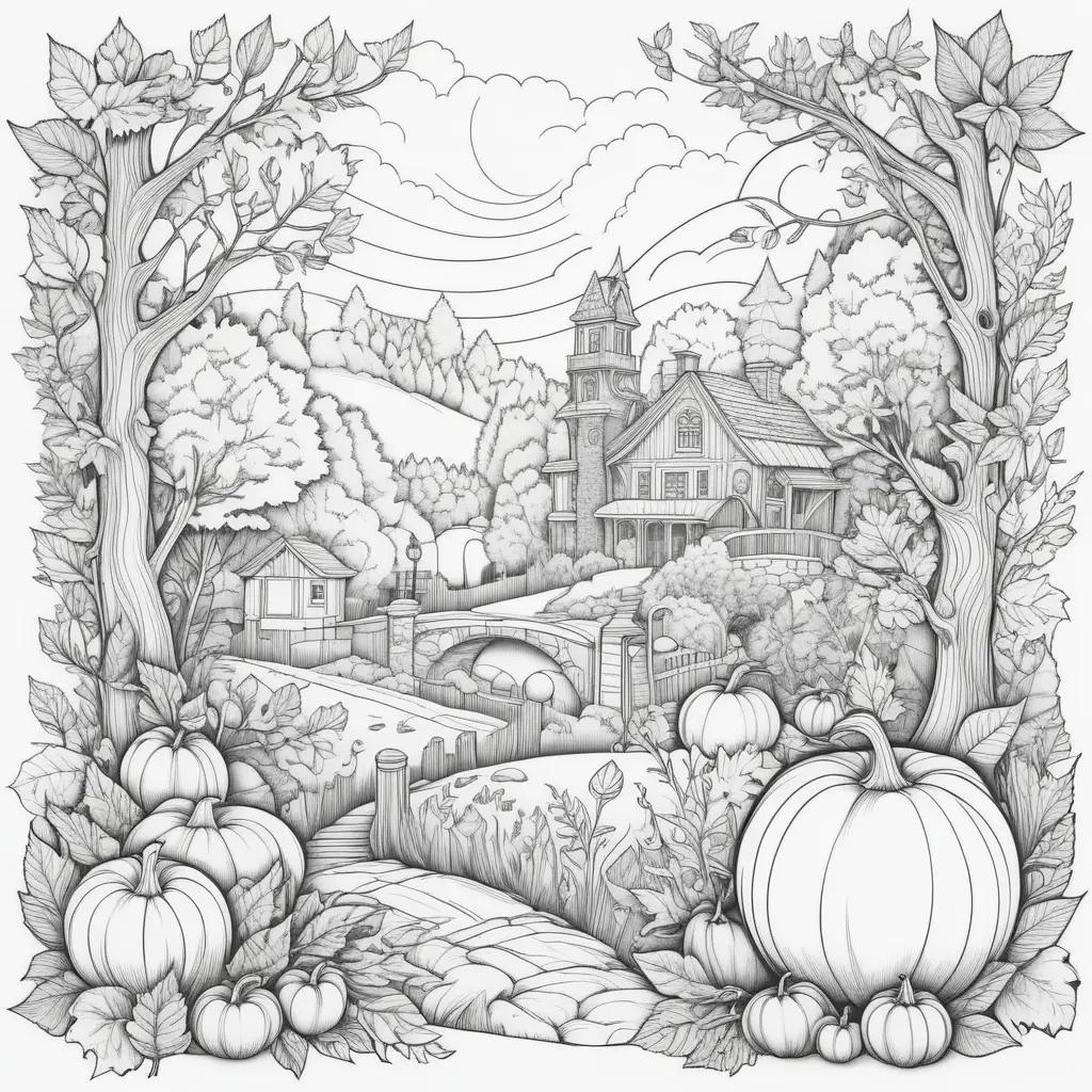 colorful illustration of a pumpkin farm and a house in fall