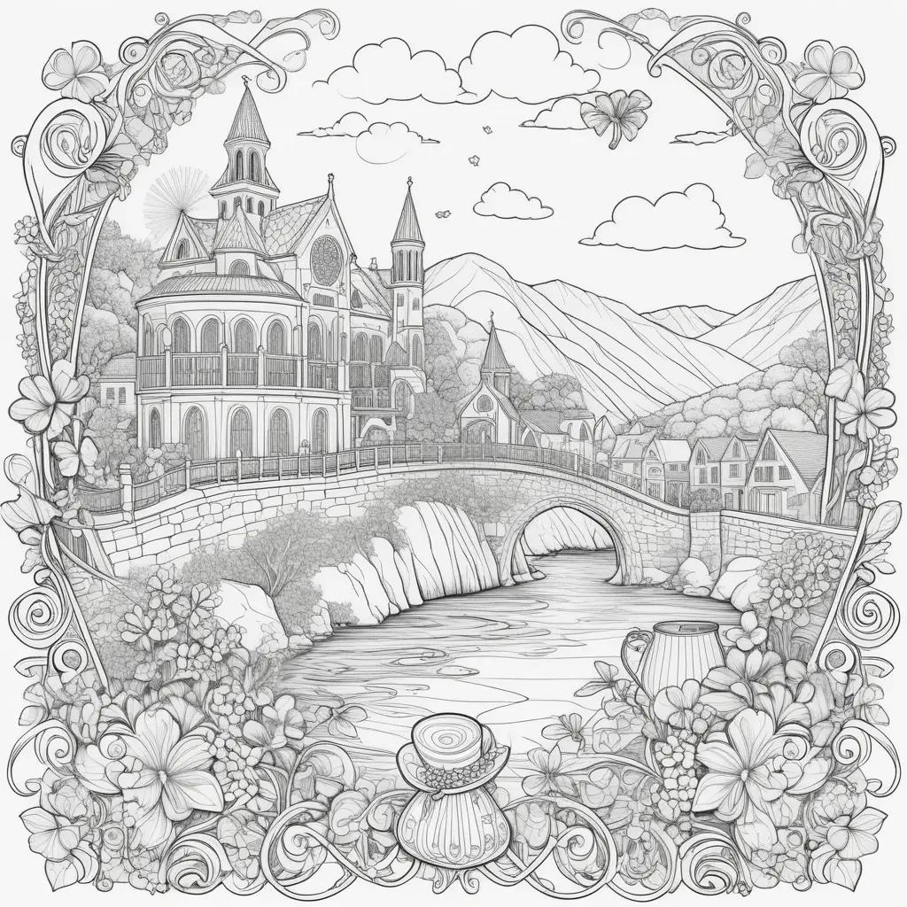 colorful illustration of a town and castle with a river and mountains