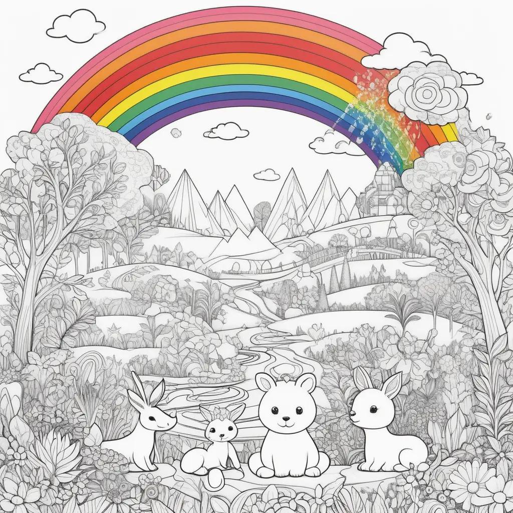 Ilustración colorida de amigos en un paisaje de arco iris