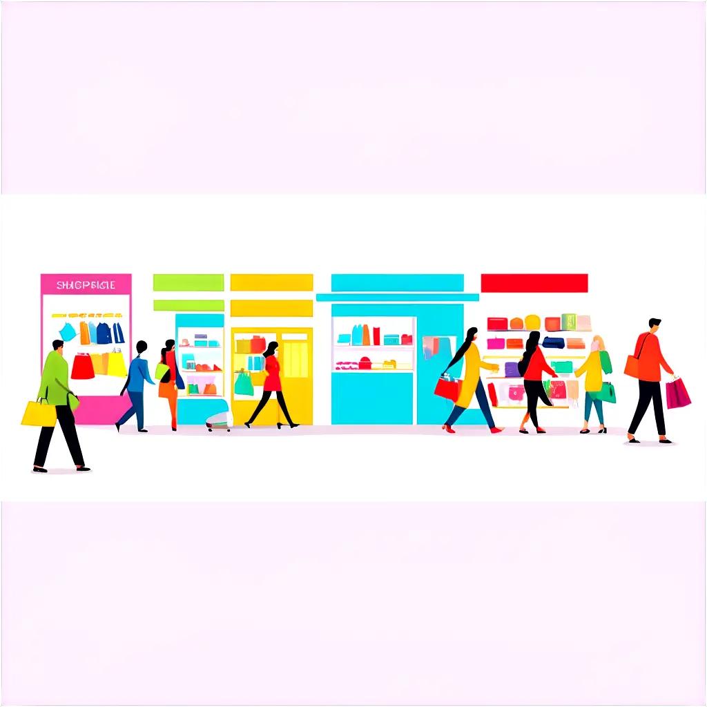 colorful illustration of shoppers at a shopping center