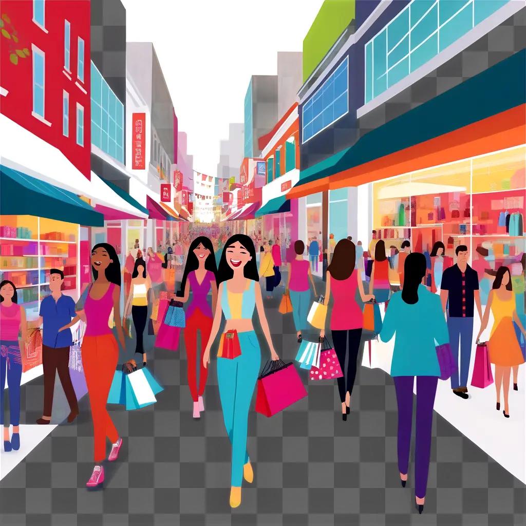 colorful illustration of shopping women on a busy street