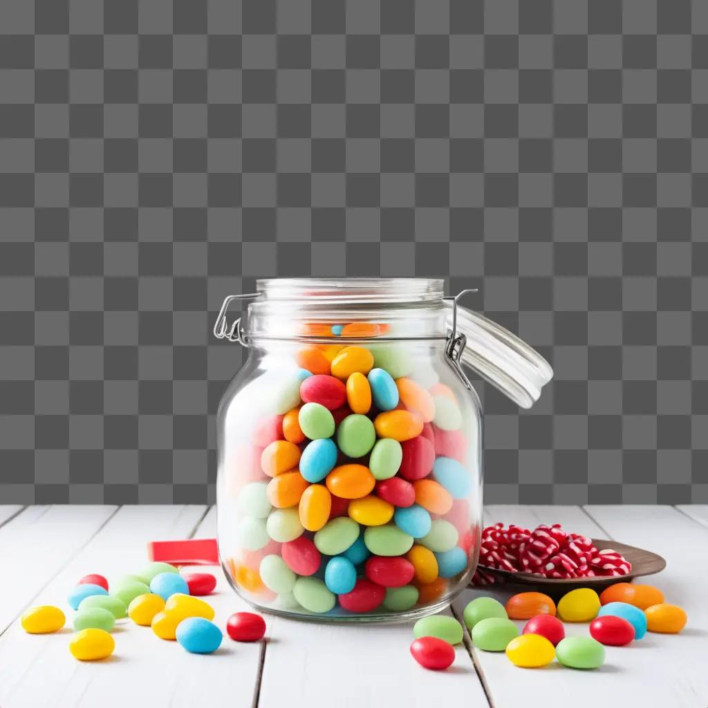 colorful jar of candy sits on a table