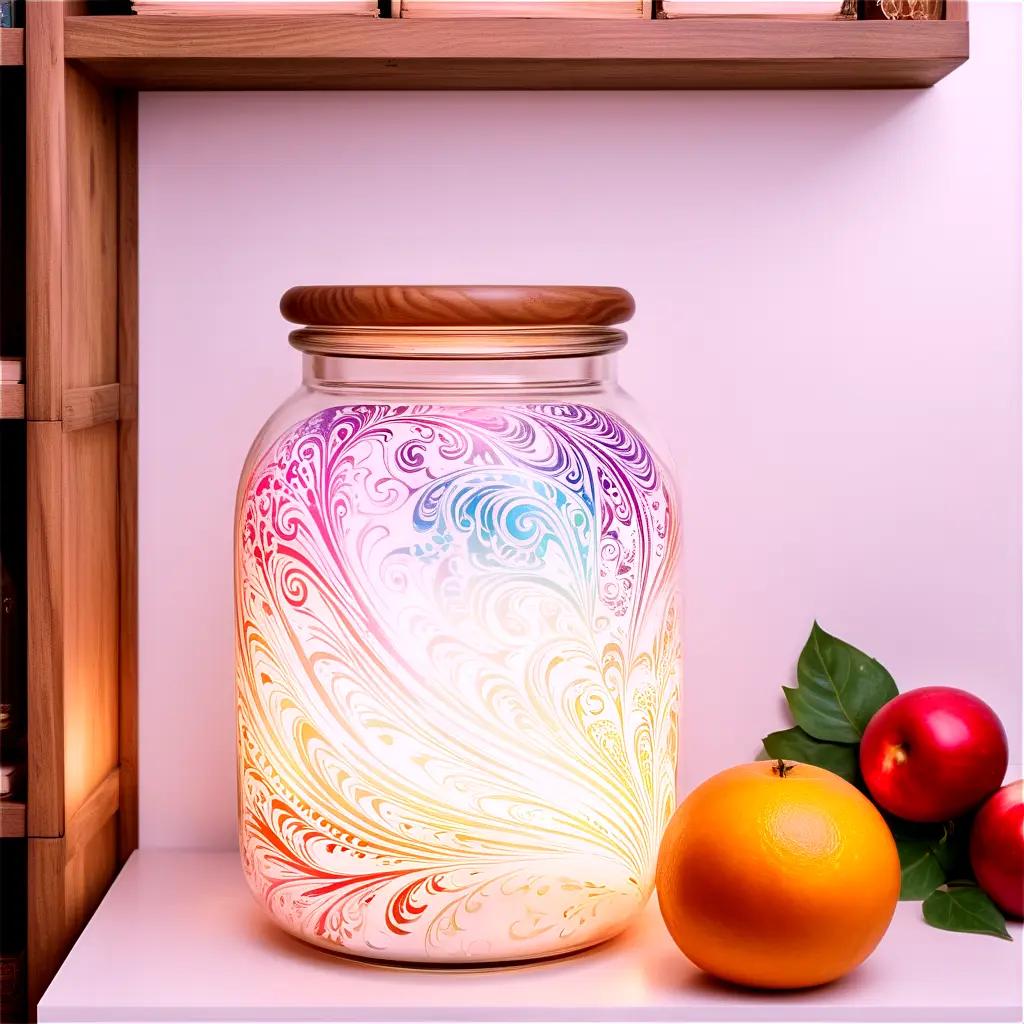 colorful jar sits next to a fruit on a shelf