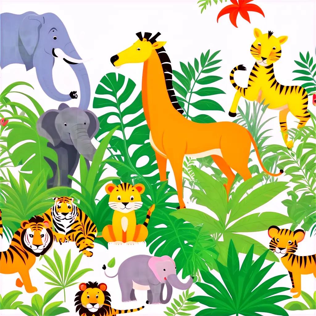 colorful jungle scene with various animals