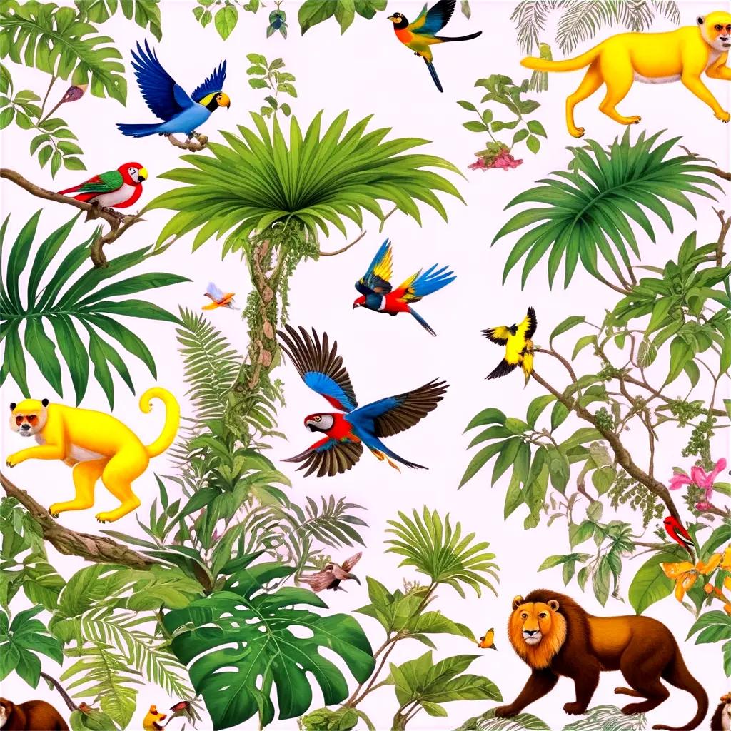 colorful jungle with monkeys, birds, and leopards