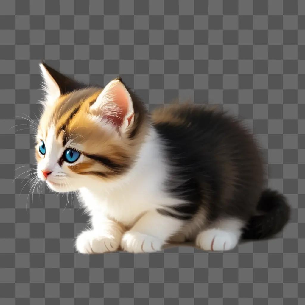 colorful kitten sits on a gray surface