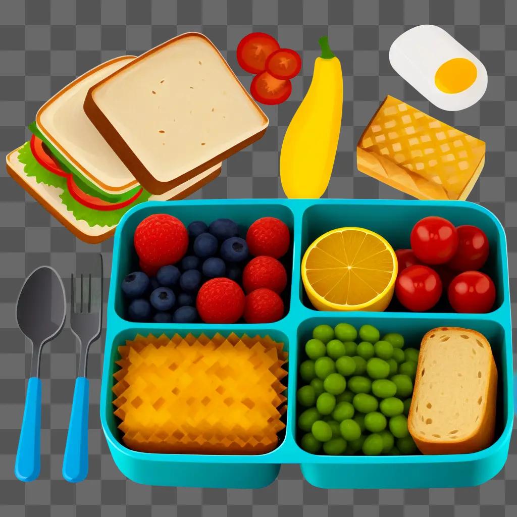 colorful lunch in a blue container with fruit and vegetables