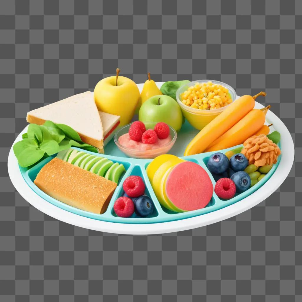 colorful lunch with various fruits and snacks