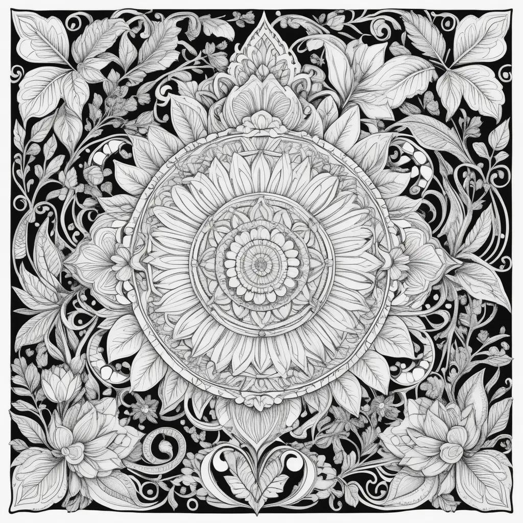 黒と白の花と葉のカラフルな曼荼羅