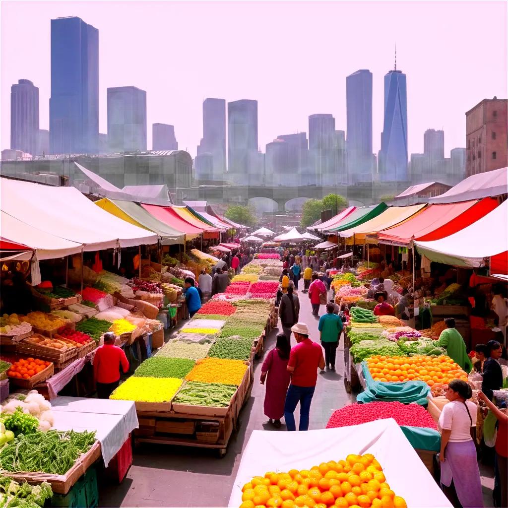 colorful market with a city in the background