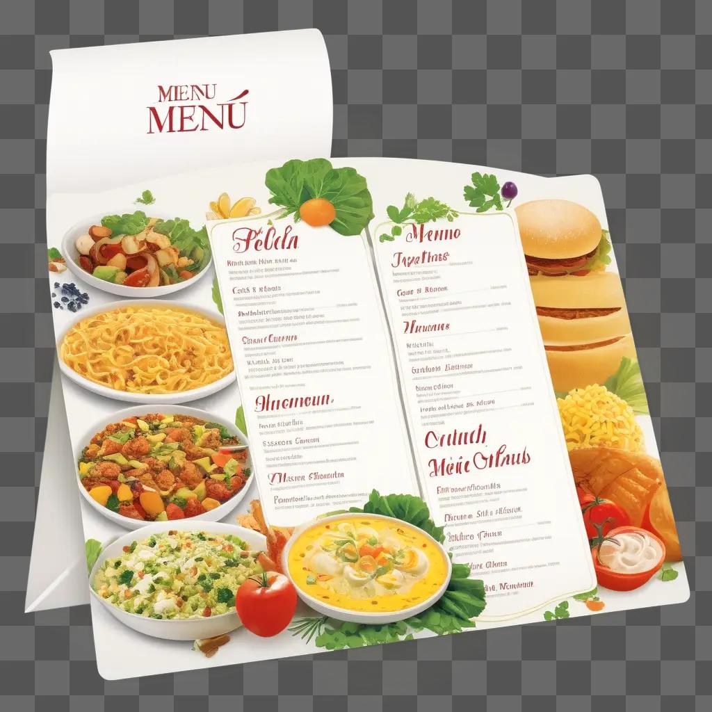 colorful menu with a variety of food items