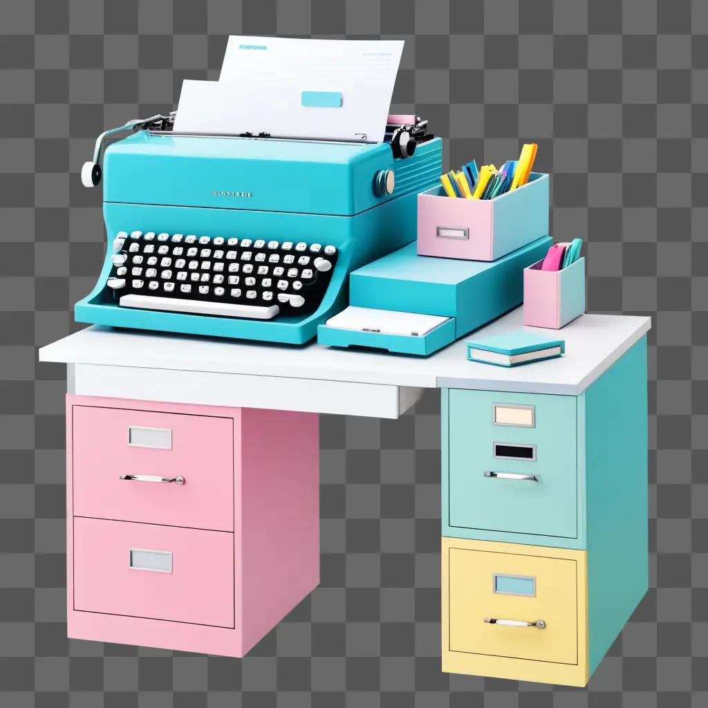 colorful office desk with a typewriter and file drawers