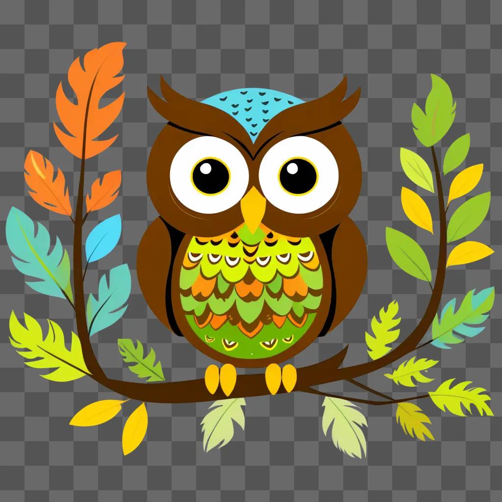 colorful owl sits on a branch in a colorful background