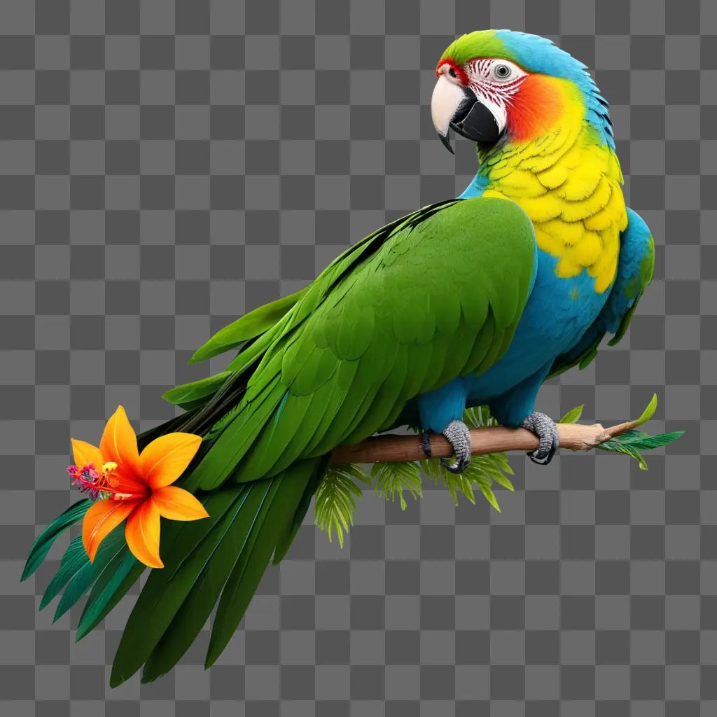 colorful parrot sitting on a branch with a flower