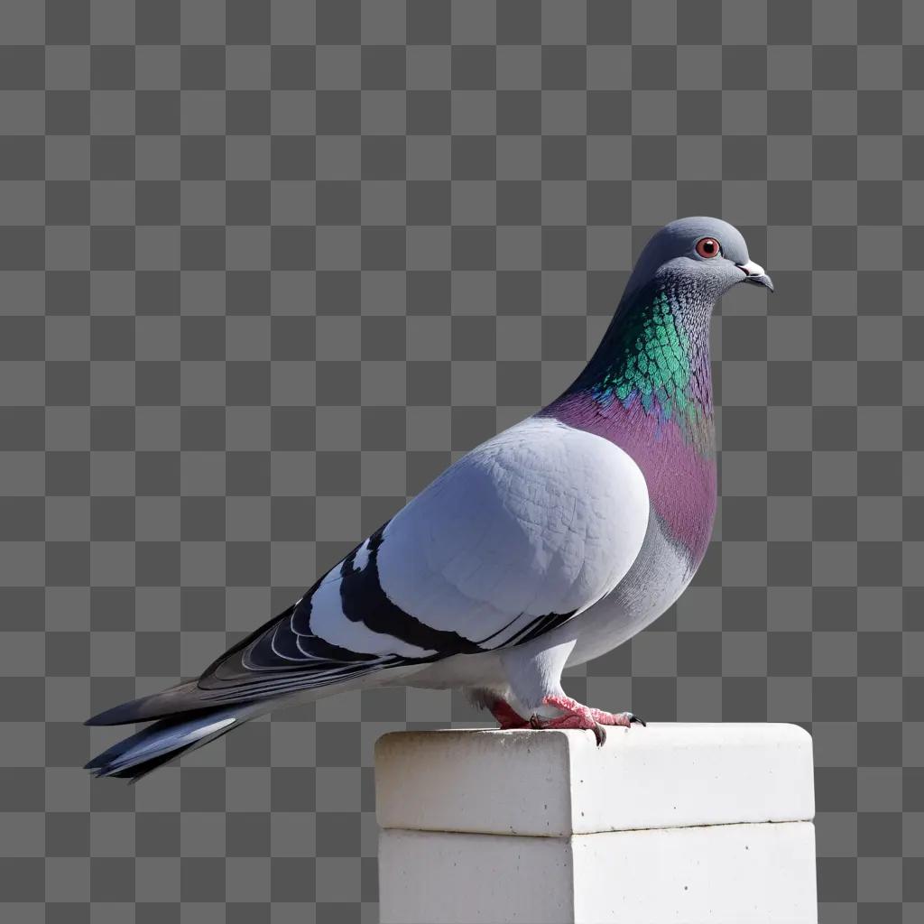 colorful pigeon perches on a white block