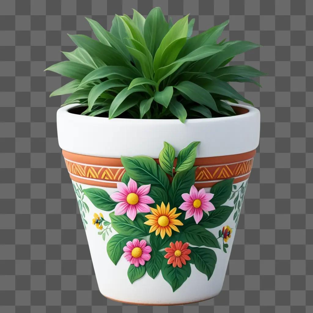 colorful planter pot with flowers and leaves