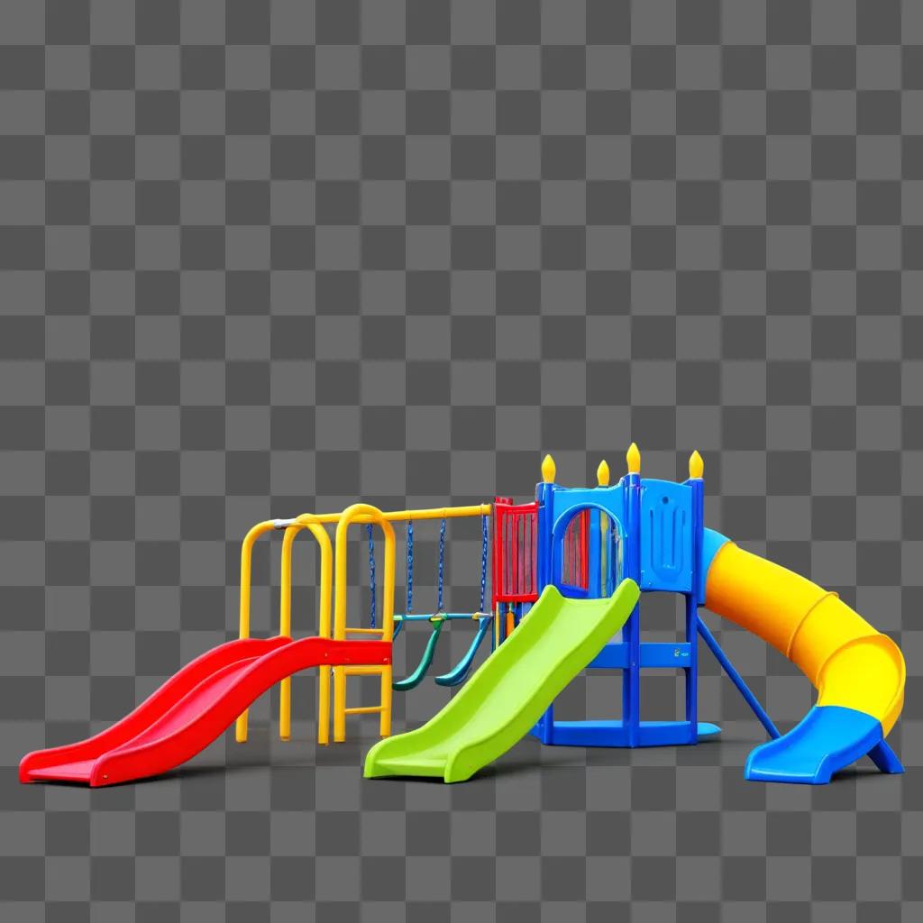 colorful playground set with slides and a climbing structure