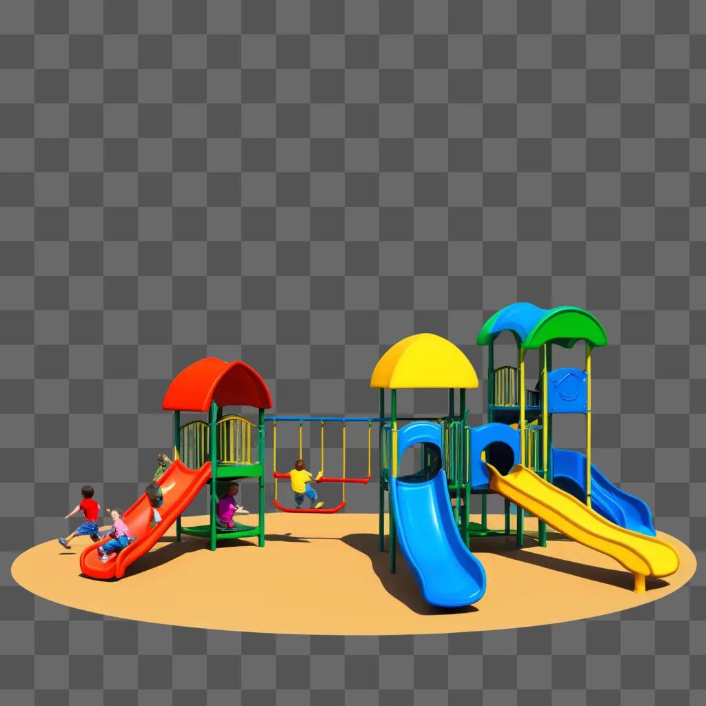 colorful playground with kids playing on swings and slides