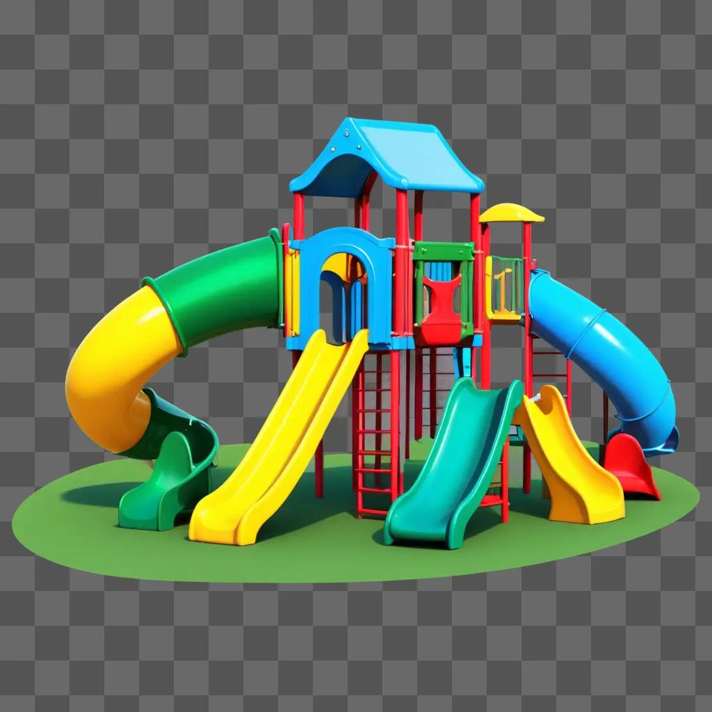 colorful playground with slides and a house