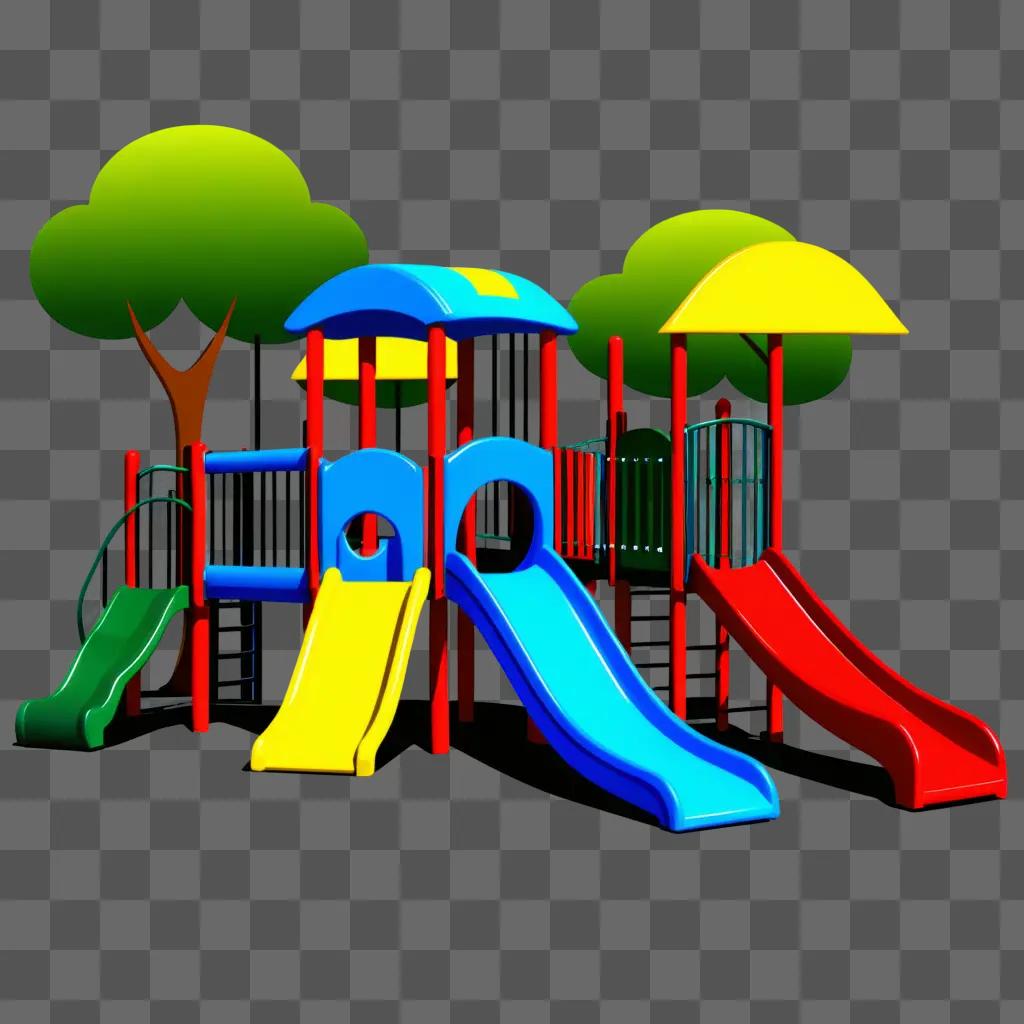 colorful playground with slides and a playhouse