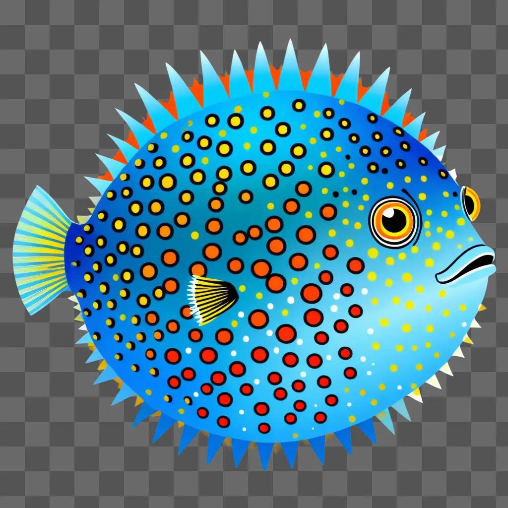 colorful puffer fish drawing with yellow eyes and black spots