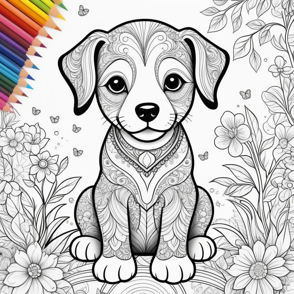 花と蝶とカラフルな子犬の塗り絵ページ