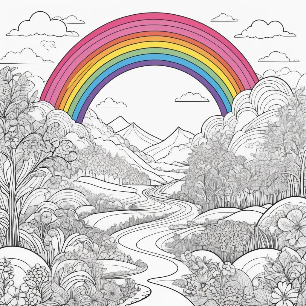 colorful rainbow coloring page with a serene landscape