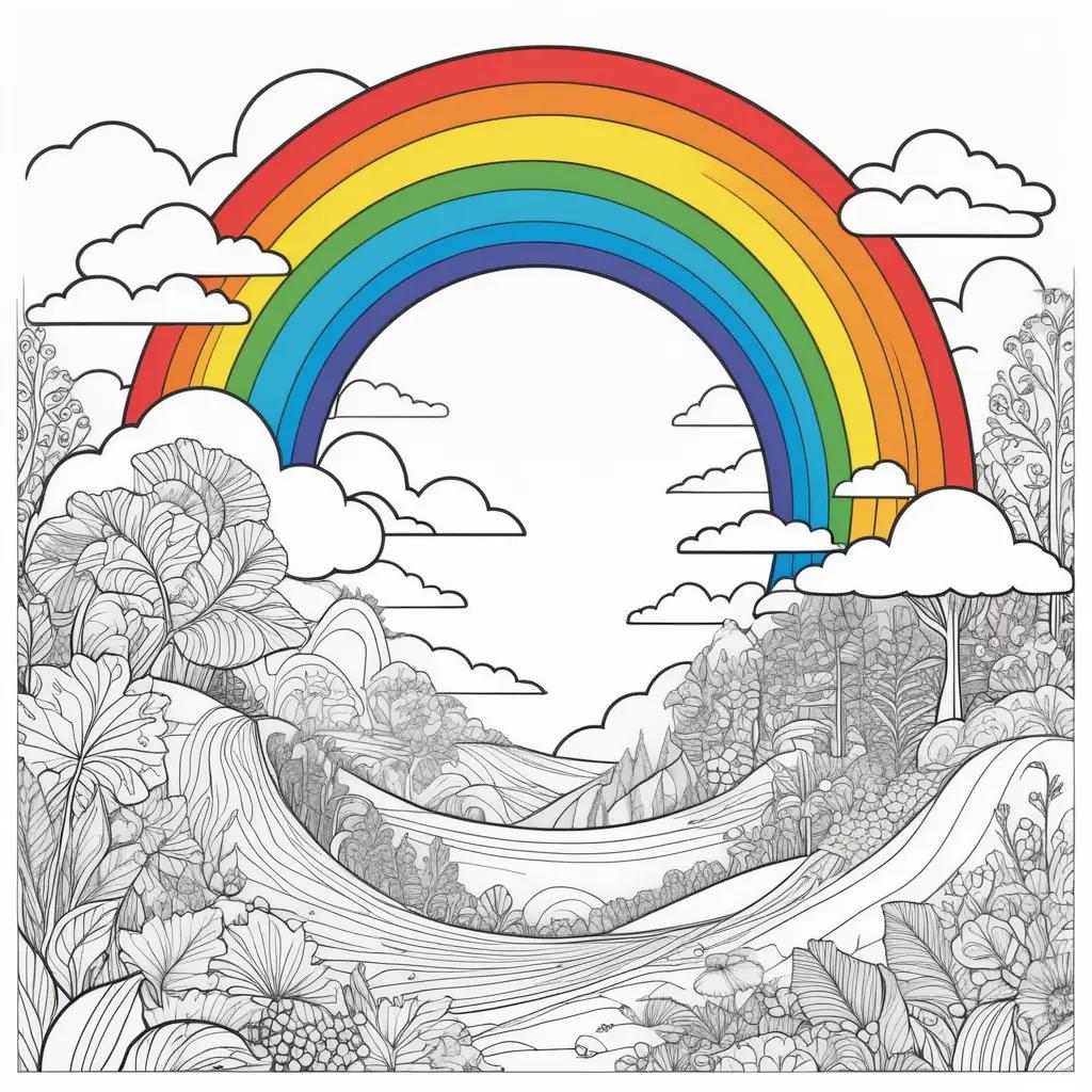 雲と木々で描かれたカラフルな虹
