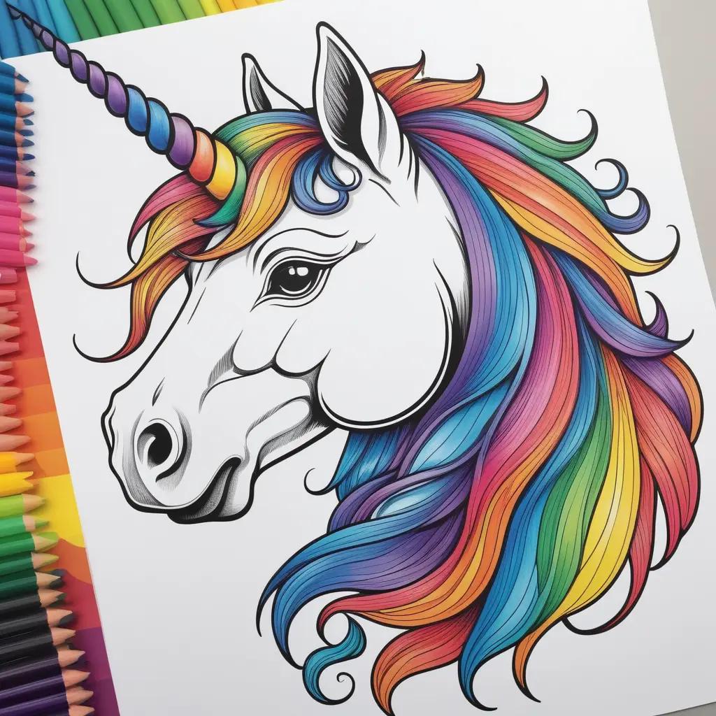 colorful rainbow unicorn is colored in on a page