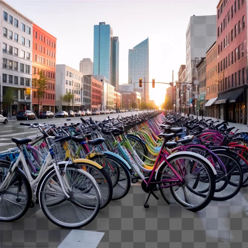 colorful row of bikes waits in the city