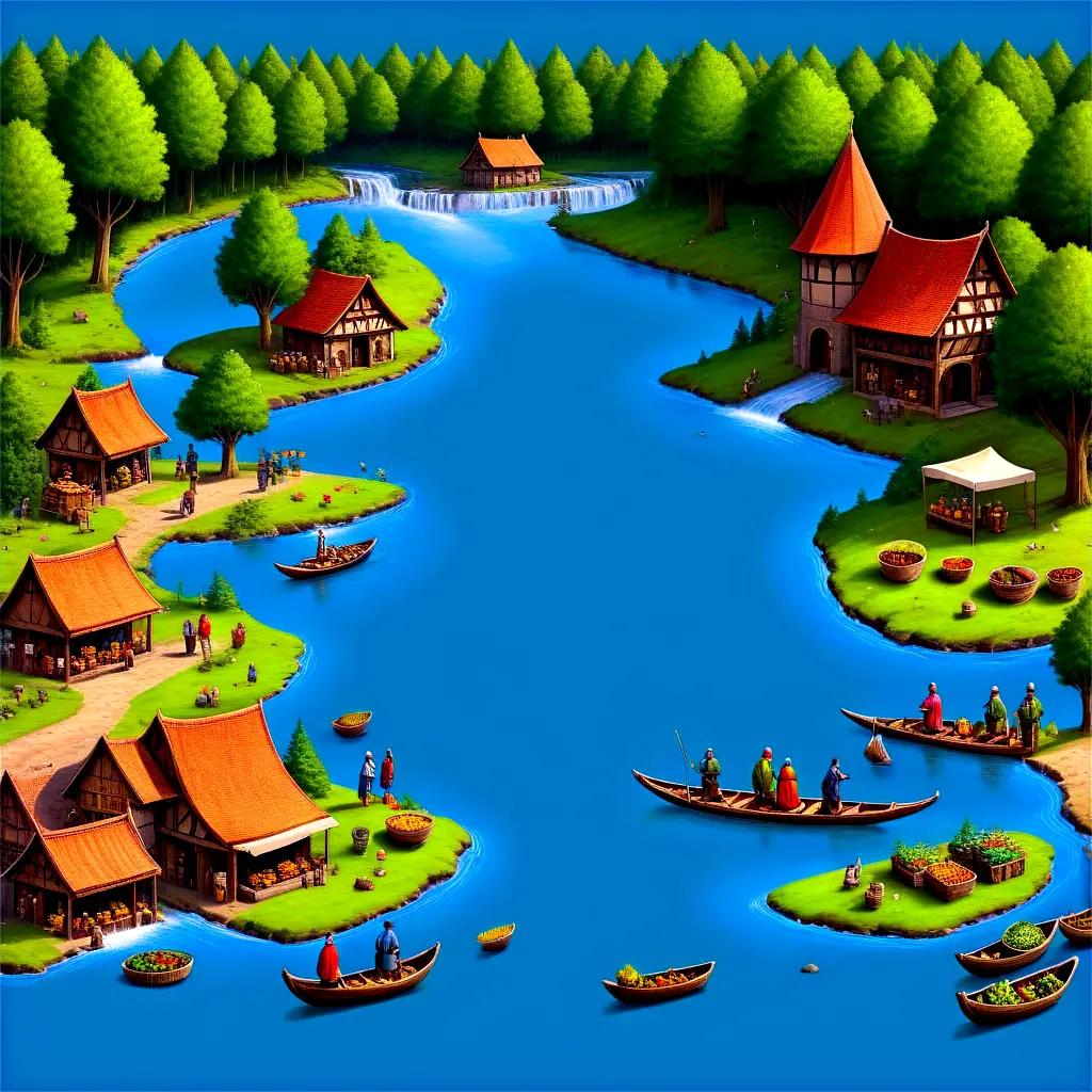 colorful scene of a river filled with boats and people