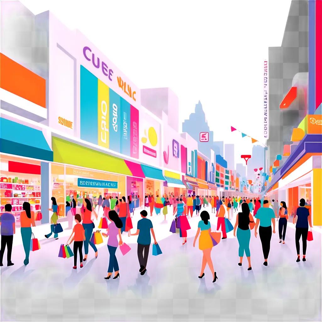 colorful shopping scene with people and stores