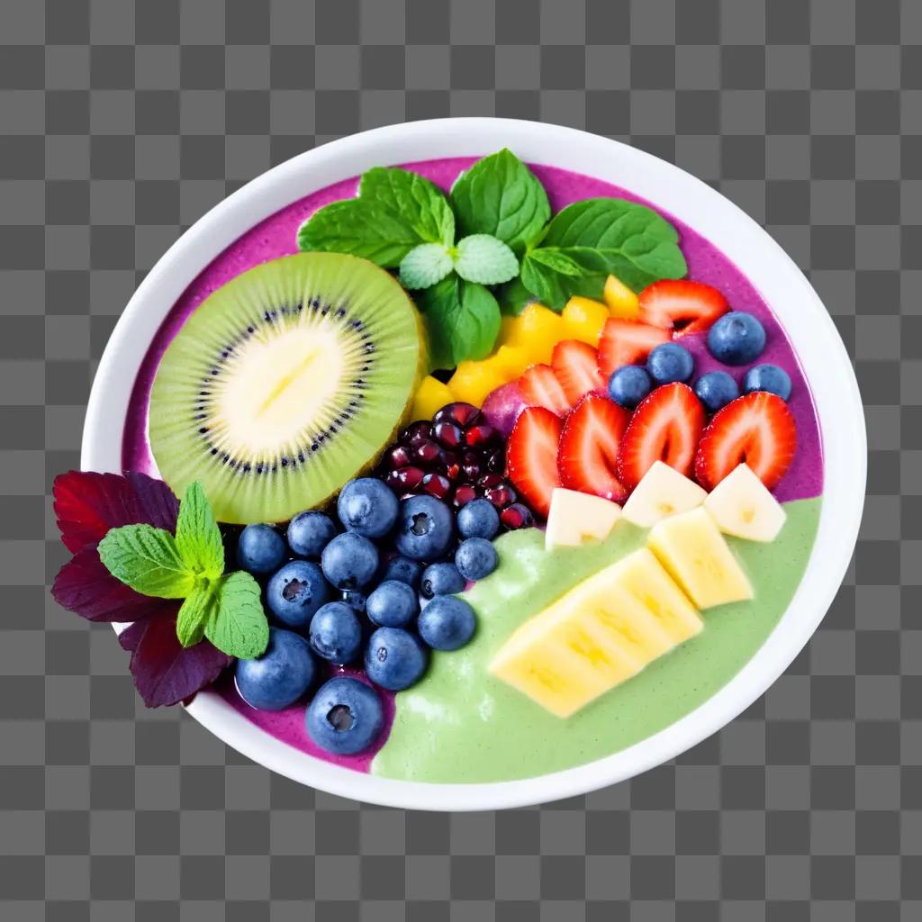 colorful smoothie bowl with fruits and herbs