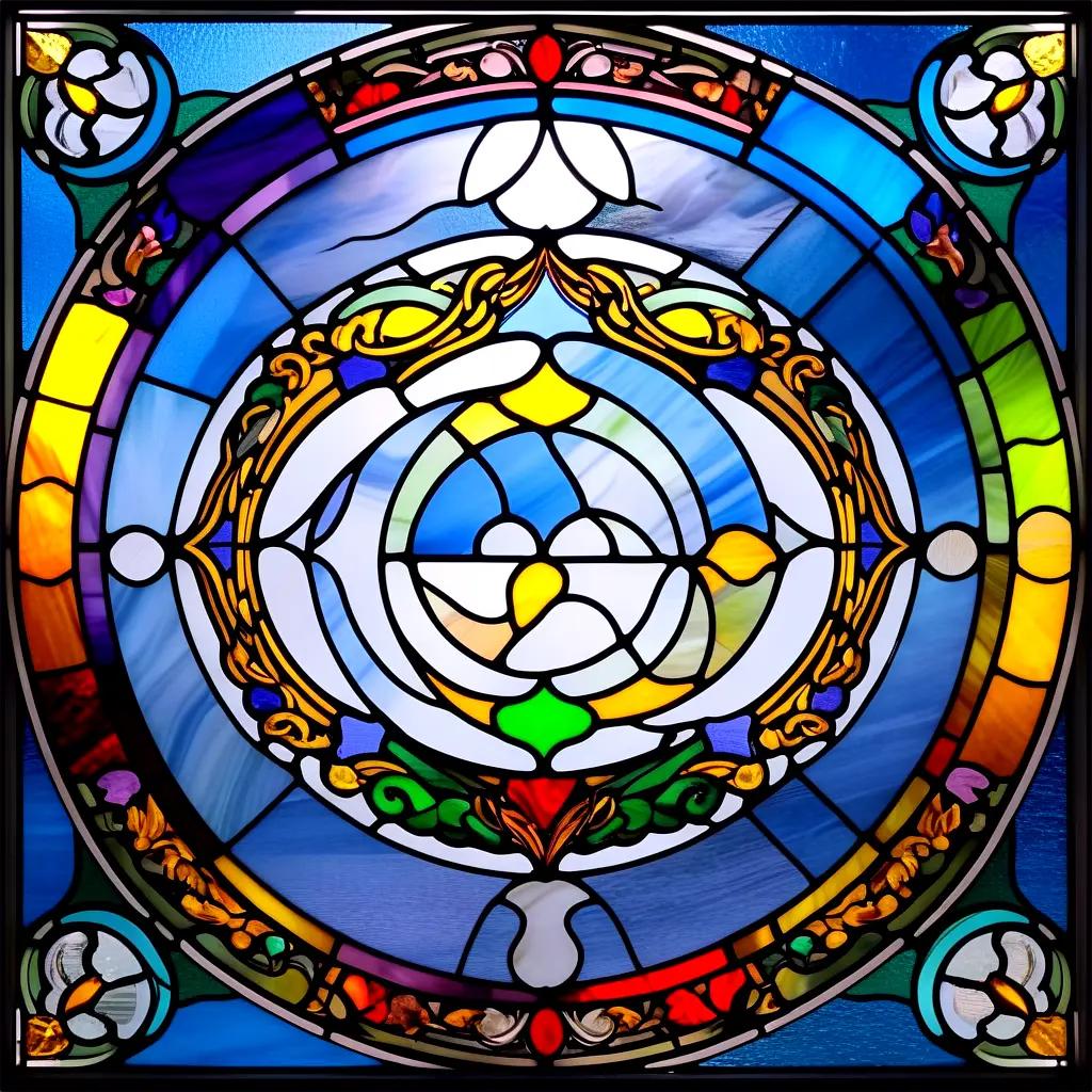 colorful stained glass window with a bird and a rose