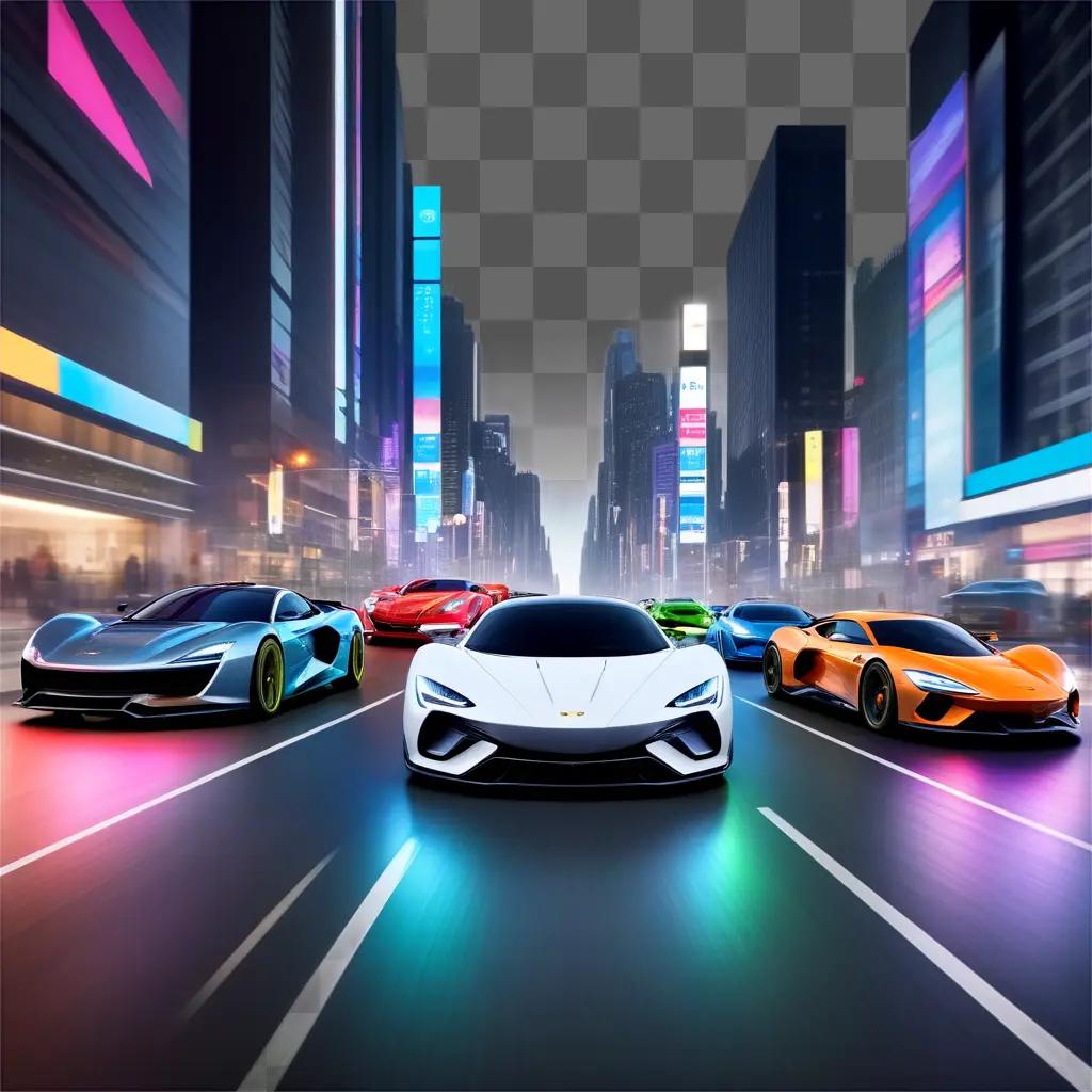 colorful street scene with five different cars