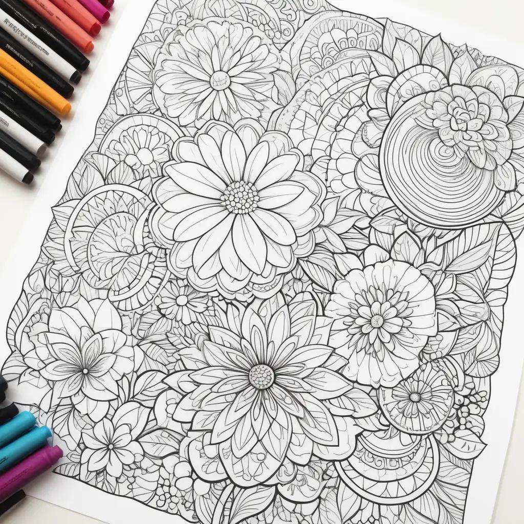 colorful summer coloring page with flowers and leaves