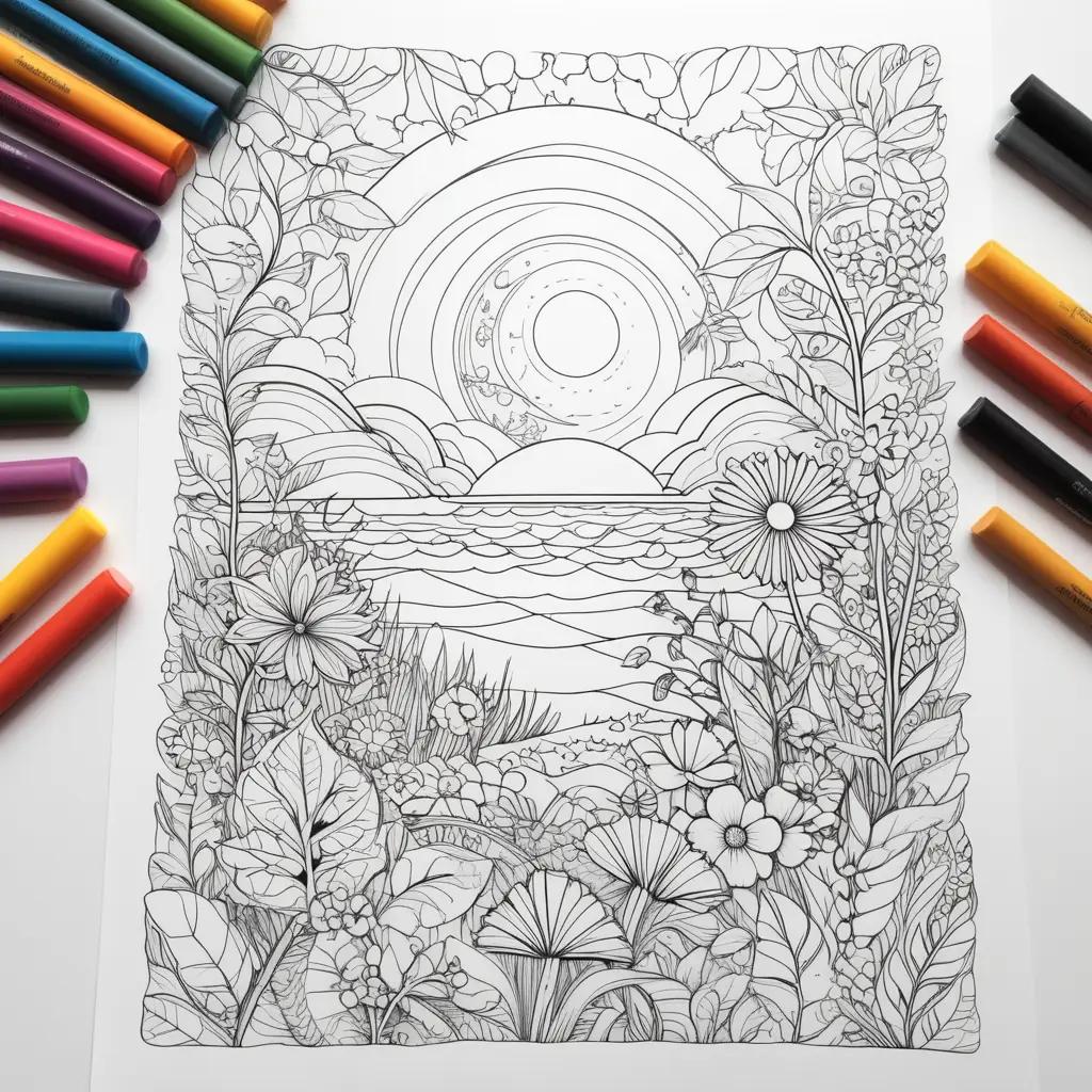 colorful summer scene is drawn on a coloring page