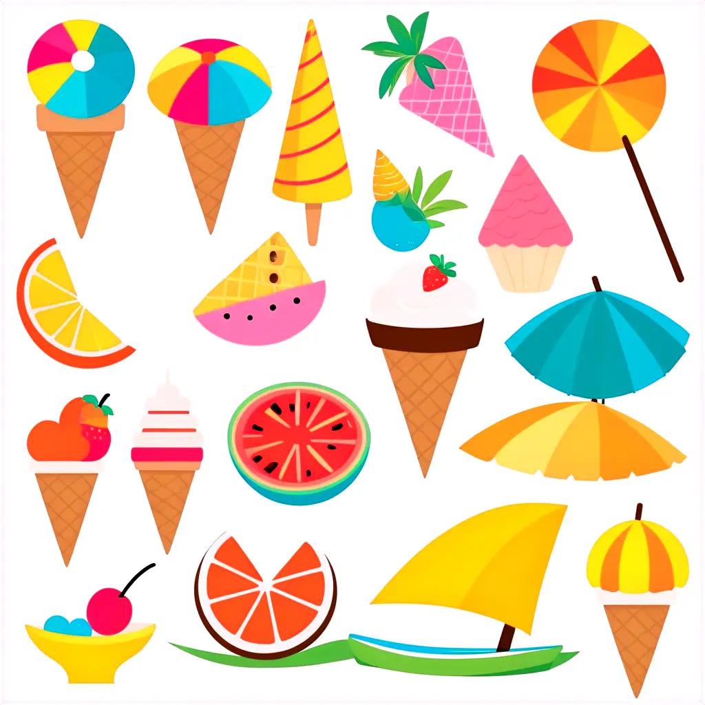 アイスクリームコーンと傘のあるカラフルな夏のシーン