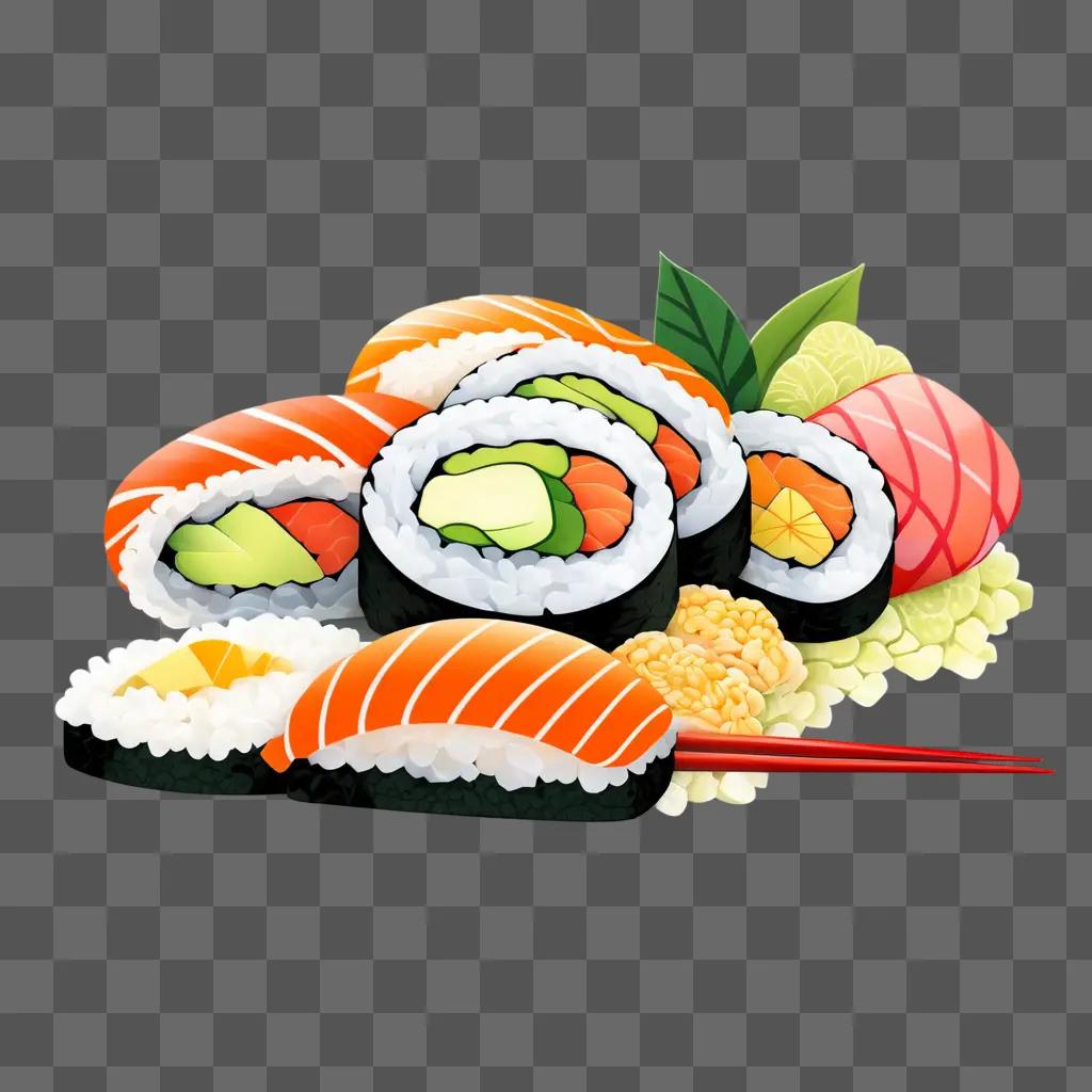 colorful sushi drawing on a brown background