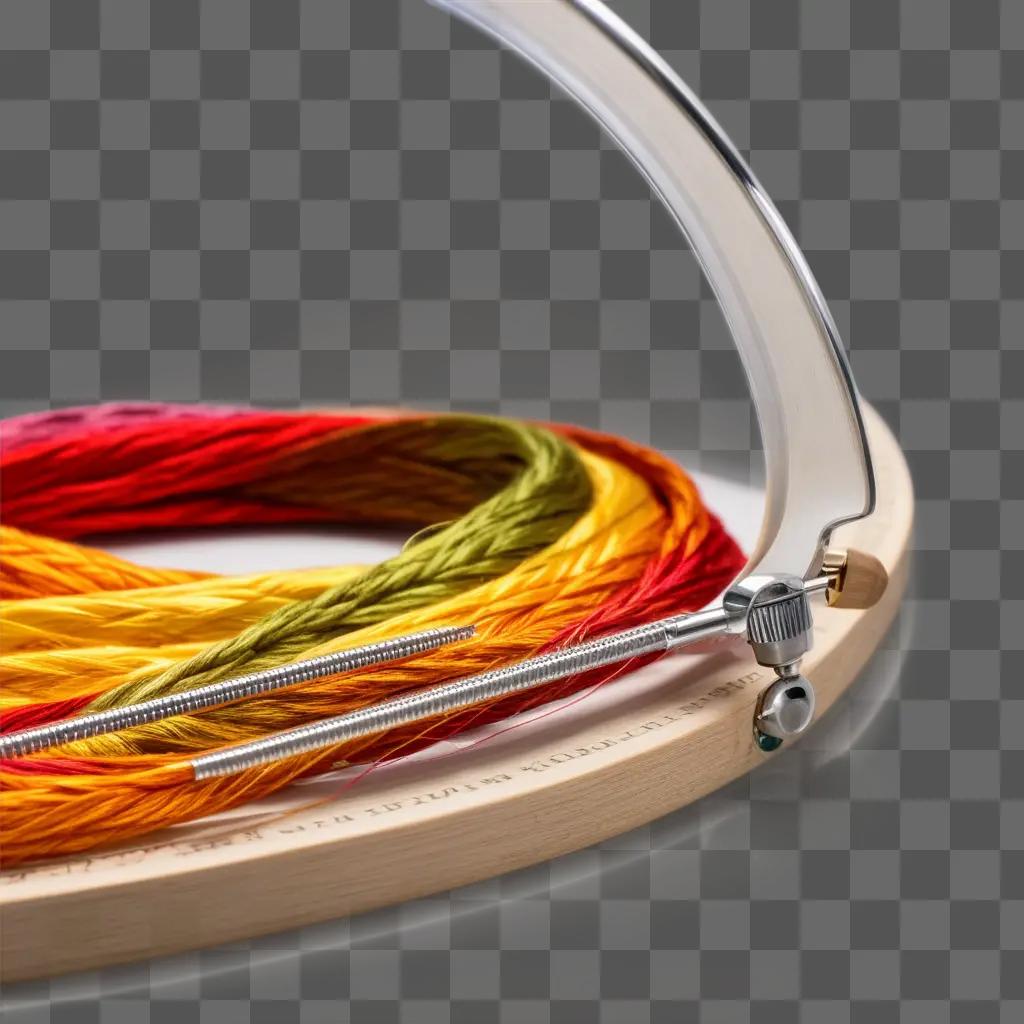 色とりどりの糸が木製の輪に通されています