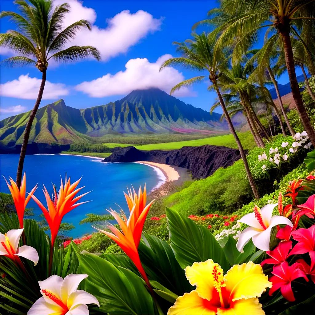 colorful tropical landscape with Hawaii flowers