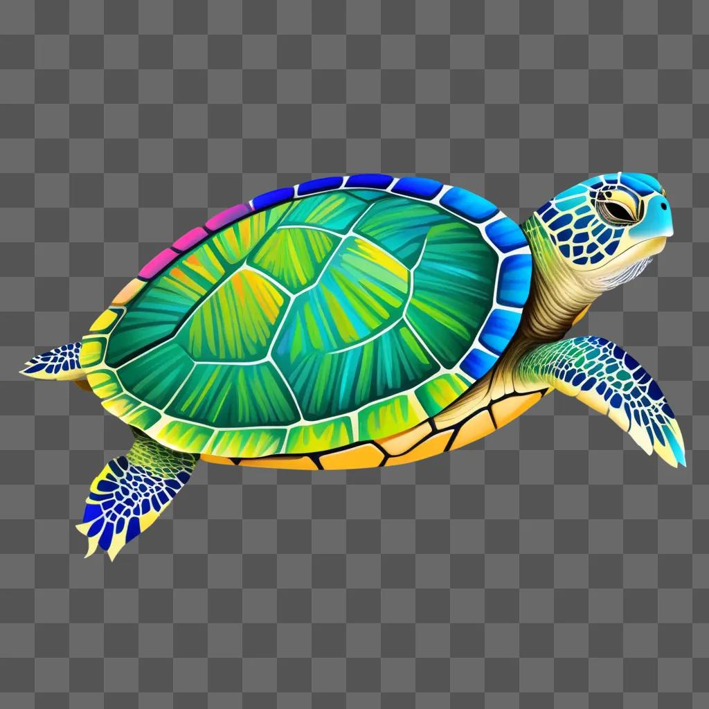 colorful turtle with blue and yellow tail floats on water