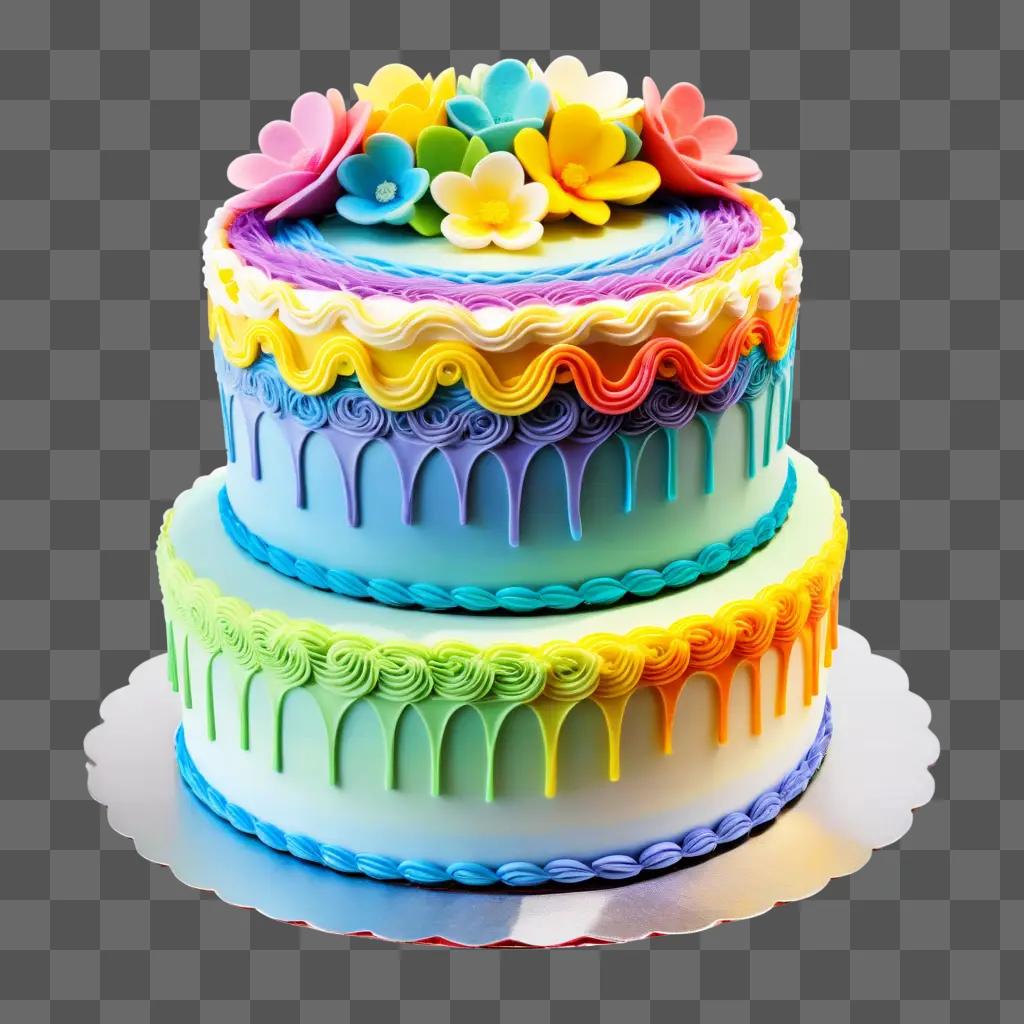 colorful two-tiered cake with a flower on top