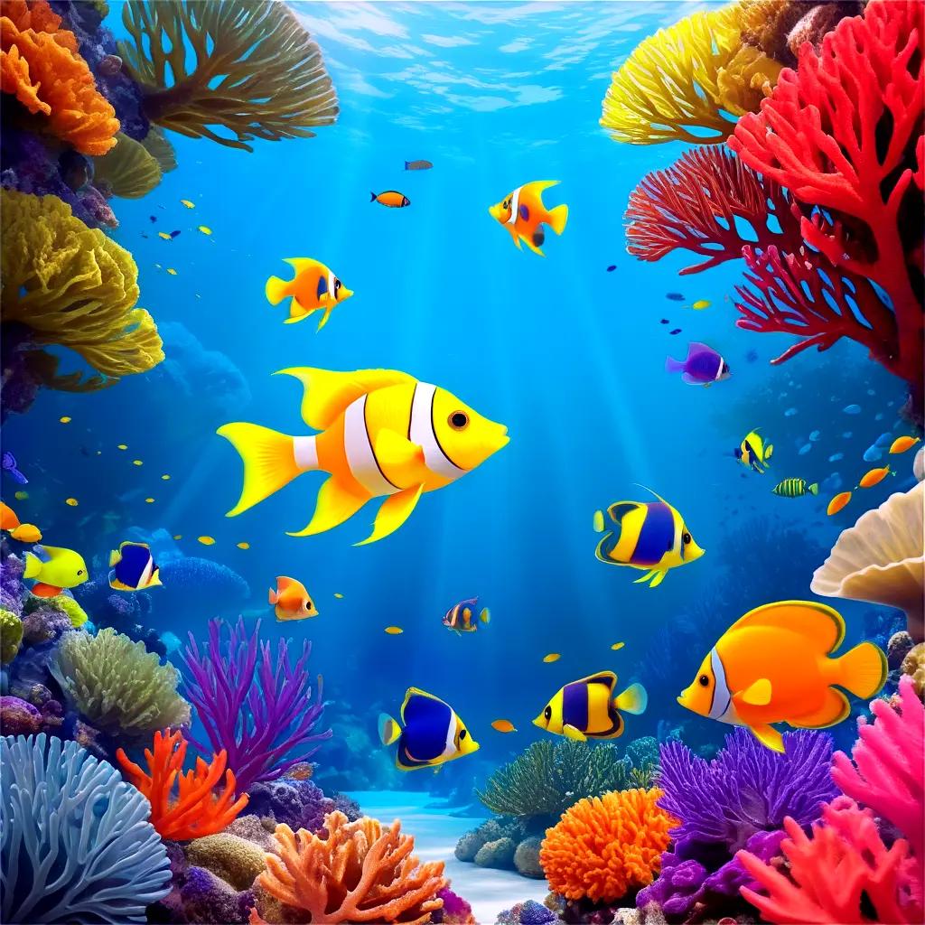 colorful underwater scene with fish and corals