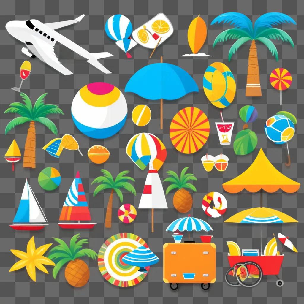 colorful vacation scene with a plane, umbrella, and beach scene