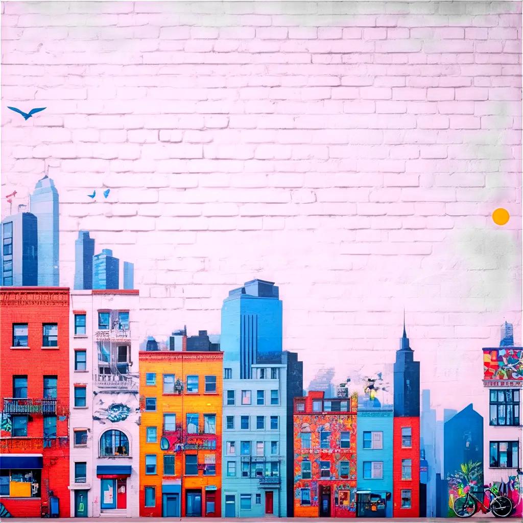 colorful wall with buildings and birds flying over it