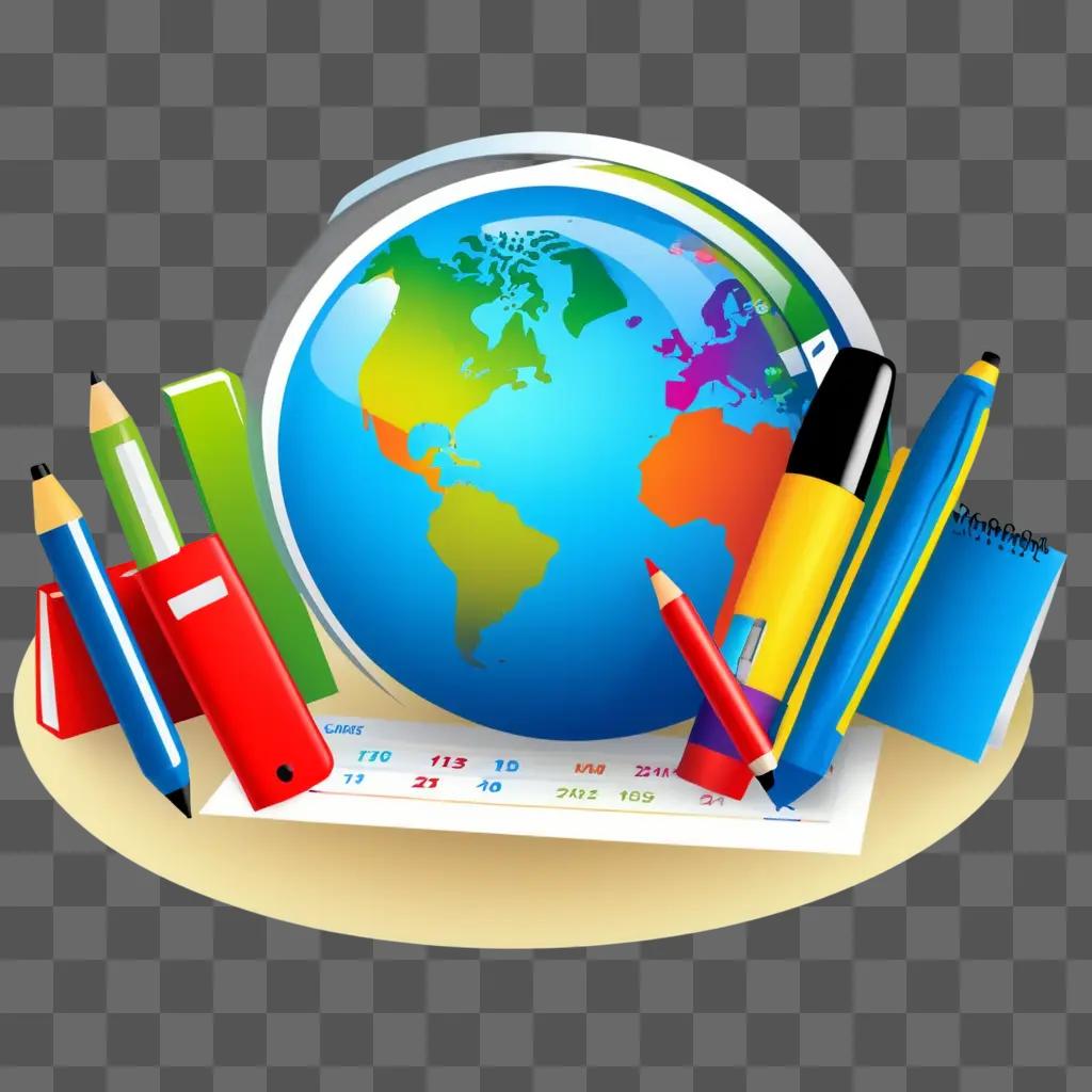 colorful world globe surrounded by various school supplies