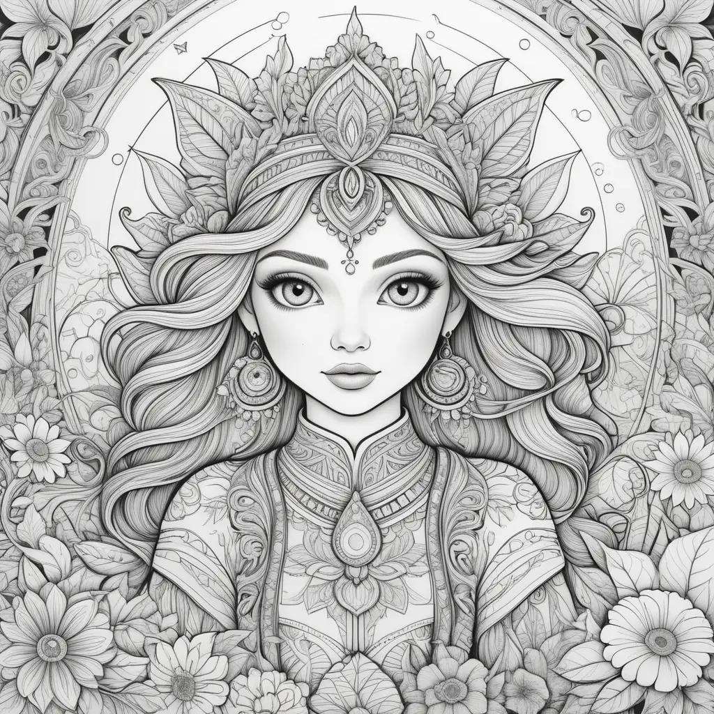 coloring book featuring a beautiful woman with a crown and a flower crown