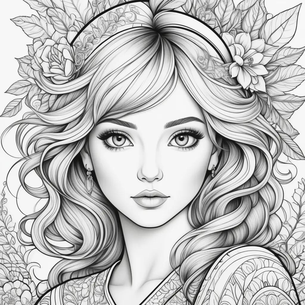 coloring book featuring a girl with a flower crown